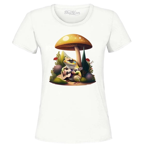 Shop4Ever Women's Frog Playing Guitar Mushroom Cottagecore Graphic T-Shirt Small White