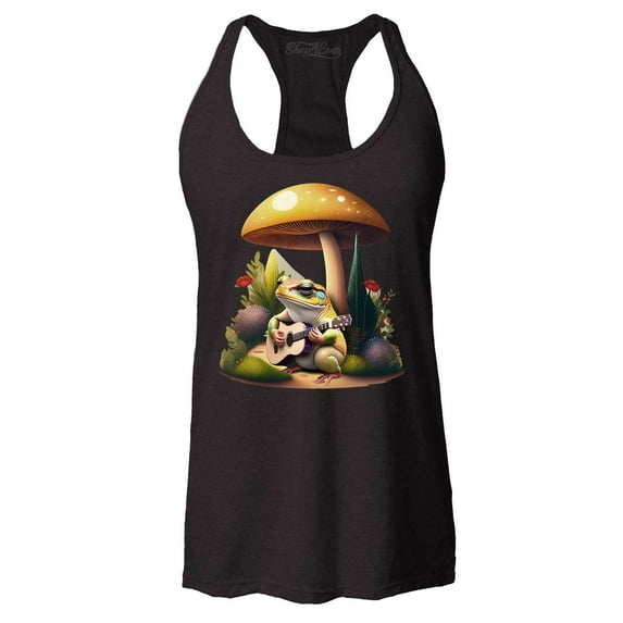 Shop4Ever Women's Frog Playing Guitar Mushroom Cottagecore Racerback Tank Top Large Black