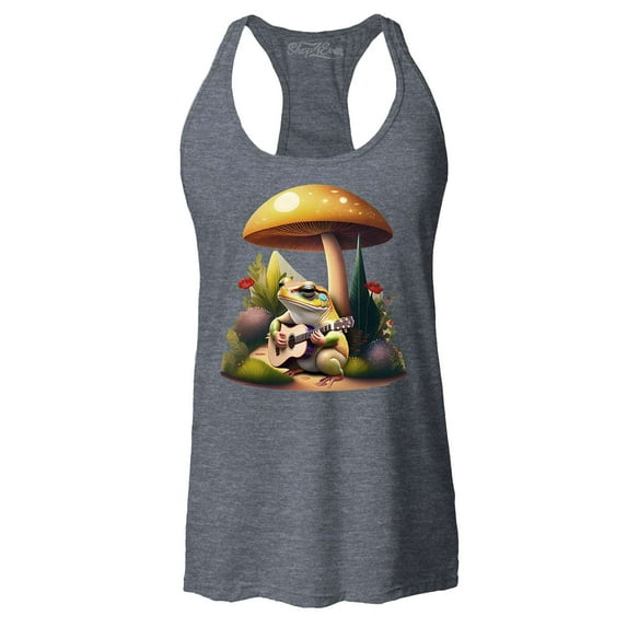 Shop4Ever Women's Frog Playing Guitar Mushroom Cottagecore Racerback Tank Top Medium Charcoal