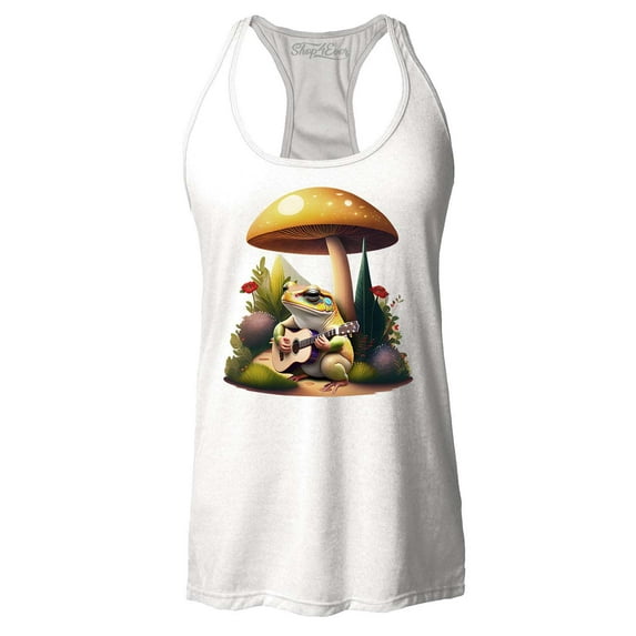 Shop4Ever Women's Frog Playing Guitar Mushroom Cottagecore Racerback Tank Top X-Large White