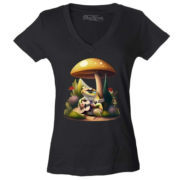 Shop4Ever Women's Frog Playing Guitar Mushroom Cottagecore Slim Fit V-Neck T-Shirt Large Black