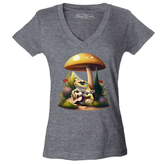 Shop4Ever Women's Frog Playing Guitar Mushroom Cottagecore Slim Fit V-Neck T-Shirt Medium Heather Charcoal