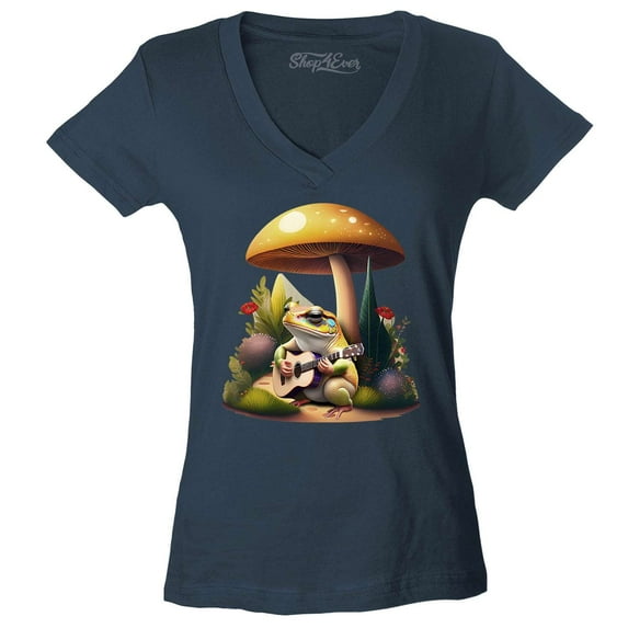 Shop4Ever Women's Frog Playing Guitar Mushroom Cottagecore Slim Fit V-Neck T-Shirt XX-Large Charcoal