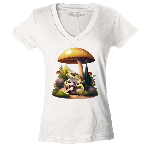 Shop4Ever Women's Frog Playing Guitar Mushroom Cottagecore Slim Fit V-Neck T-Shirt XX-Large White