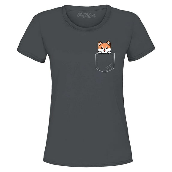 Shop4Ever Women's Funny Corgi Pocket Size Dog Lovers Graphic T-Shirt Large Charcoal