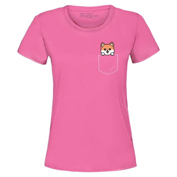 Shop4Ever Women's Funny Corgi Pocket Size Dog Lovers Graphic T-Shirt Medium Azalea Pink
