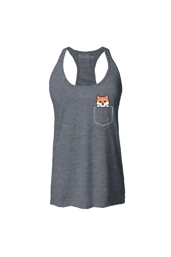 Women's Funny Corgi Pocket Size Dog Lovers Racerback Tank Top Large Charcoal