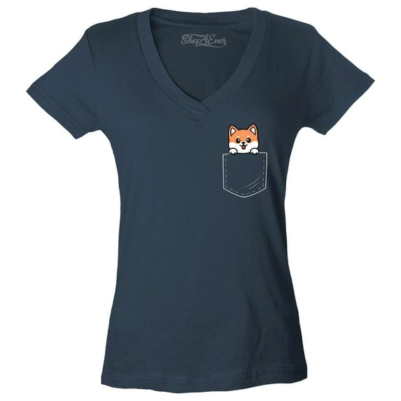 Shop4Ever Women's Funny Corgi Pocket Size Dog Lovers Slim Fit V-Neck T-Shirt Large Charcoal