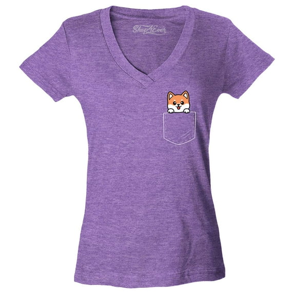 Shop4Ever Women's Funny Corgi Pocket Size Dog Lovers Slim Fit V-Neck T-Shirt Large Heather Purple