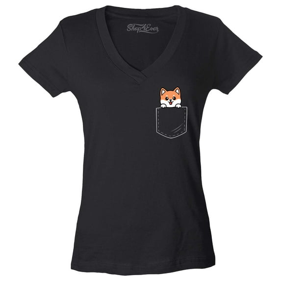 Shop4Ever Women's Funny Corgi Pocket Size Dog Lovers Slim Fit V-Neck T-Shirt Medium Black