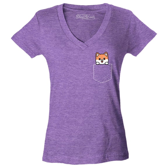Shop4Ever Women's Funny Corgi Pocket Size Dog Lovers Slim Fit V-Neck T-Shirt Medium Heather Purple