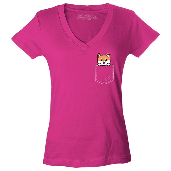 Shop4Ever Women's Funny Corgi Pocket Size Dog Lovers Slim Fit V-Neck T-Shirt XX-Large Pink