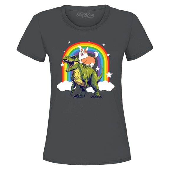 Shop4Ever Women's Funny Corgi Riding Dinosaur and Rainbow Graphic T-Shirt Small Charcoal