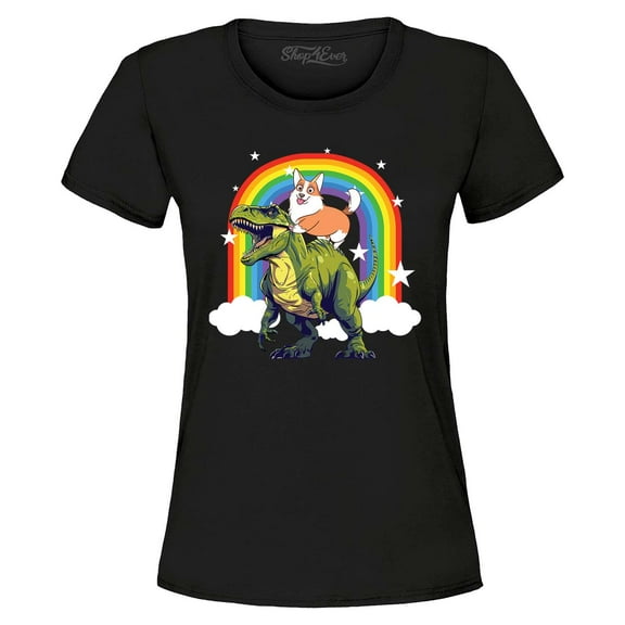 Shop4Ever Women's Funny Corgi Riding Dinosaur and Rainbow Graphic T-Shirt X-Large Black