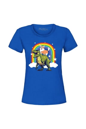 Women's Funny Corgi Riding Dinosaur and Rainbow Graphic T-Shirt X-Large Royal Blue