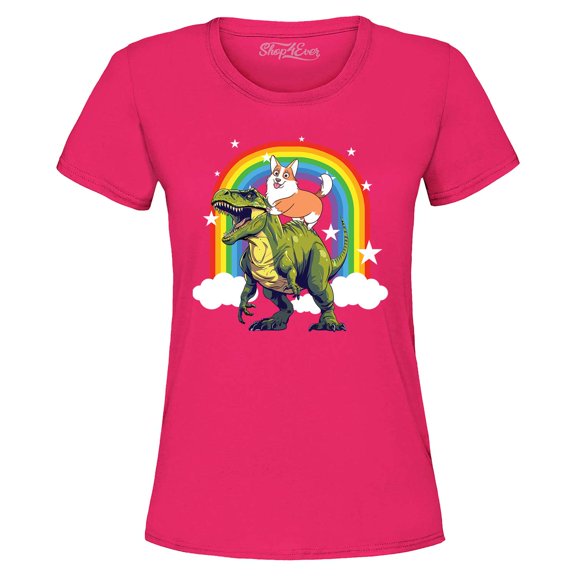 Shop4Ever Women's Funny Corgi Riding Dinosaur and Rainbow Graphic T-Shirt XX-Large Heliconia Pink