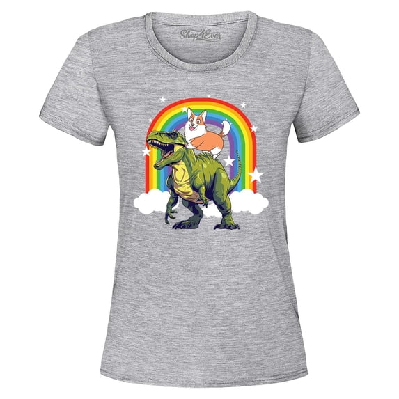 Shop4Ever Women's Funny Corgi Riding Dinosaur and Rainbow Graphic T-Shirt XX-Large Sports Grey