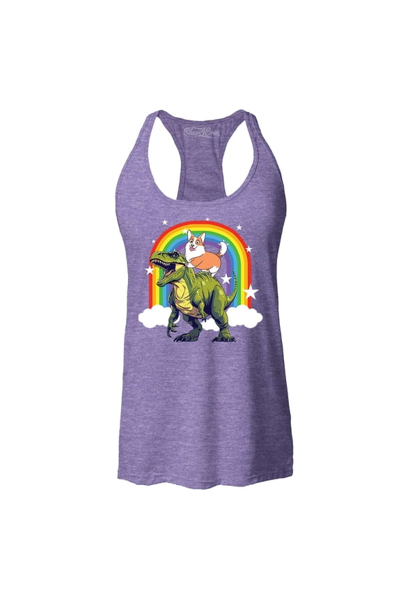Women's Funny Corgi Riding Dinosaur and Rainbow Racerback Tank Top Large Purple