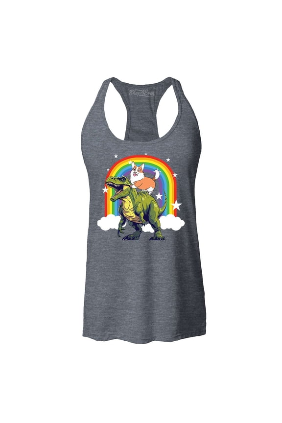 Women's Funny Corgi Riding Dinosaur and Rainbow Racerback Tank Top Medium Charcoal
