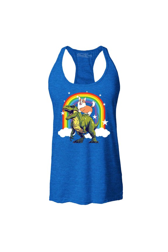 Women's Funny Corgi Riding Dinosaur and Rainbow Racerback Tank Top Medium Royal Blue