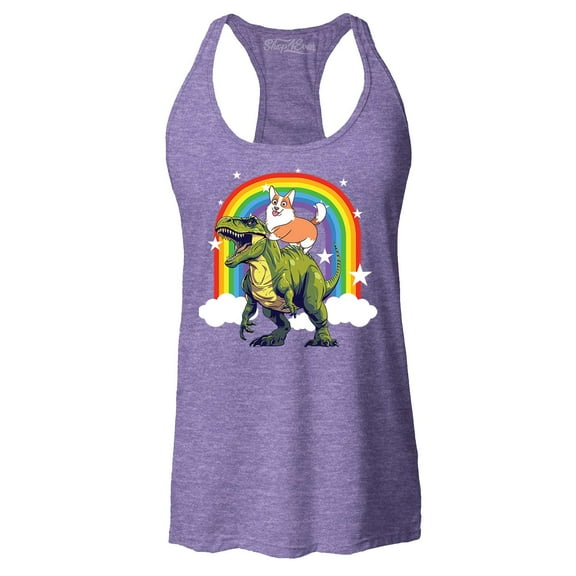 Shop4Ever Women's Funny Corgi Riding Dinosaur and Rainbow Racerback Tank Top X-Large Purple
