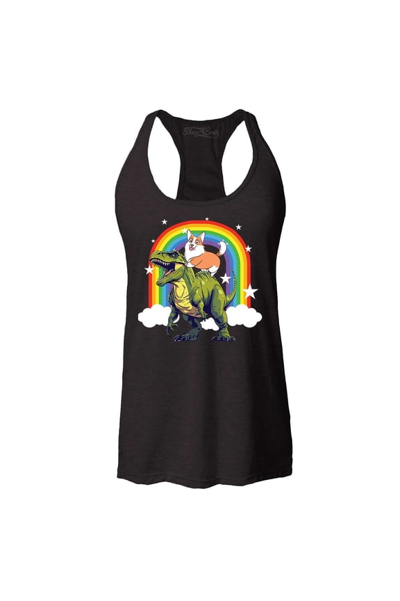 Women's Funny Corgi Riding Dinosaur and Rainbow Racerback Tank Top X-Small Black