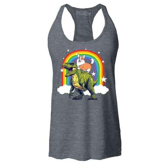 Shop4Ever Women's Funny Corgi Riding Dinosaur and Rainbow Racerback Tank Top XX-Large Charcoal