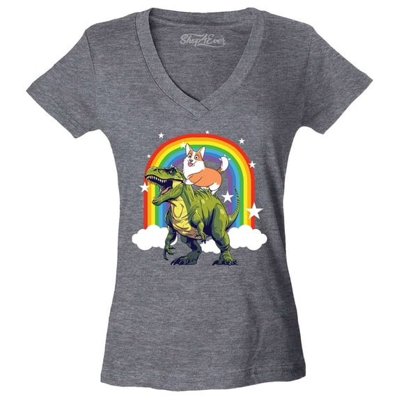 Shop4Ever Women's Funny Corgi Riding Dinosaur and Rainbow Slim Fit V-Neck T-Shirt Large Heather Charcoal