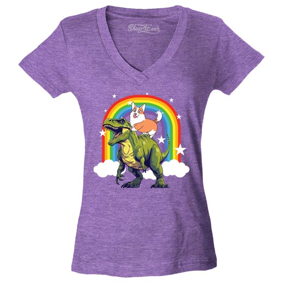 Shop4Ever Women's Funny Corgi Riding Dinosaur and Rainbow Slim Fit V-Neck T-Shirt Small Heather Purple