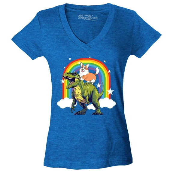 Shop4Ever Women's Funny Corgi Riding Dinosaur and Rainbow Slim Fit V-Neck T-Shirt X-Large Heather Royal Blue