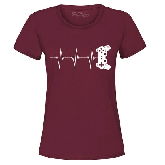 Shop4Ever Women's Gamer Heartbeat Controller Graphic T-Shirt Large Maroon