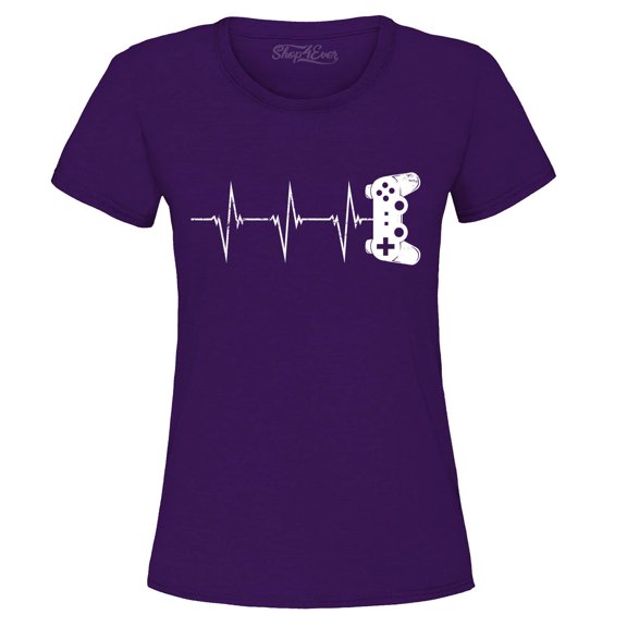 Shop4Ever Women's Gamer Heartbeat Controller Graphic T-Shirt Large Purple