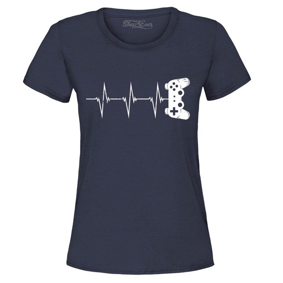 Shop4Ever Women's Gamer Heartbeat Controller Graphic T-Shirt Medium Navy