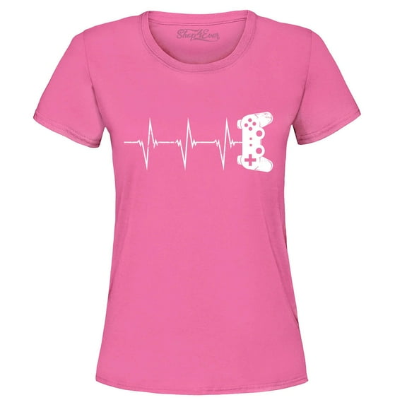 Shop4Ever Women's Gamer Heartbeat Controller Graphic T-Shirt X-Large Azalea Pink