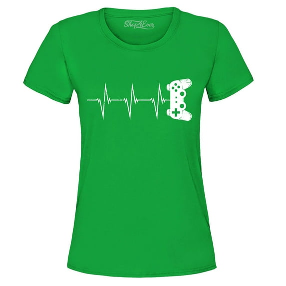Shop4Ever Women's Gamer Heartbeat Controller Graphic T-Shirt X-Large Irish Green