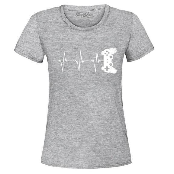 Shop4Ever Women's Gamer Heartbeat Controller Graphic T-Shirt XXX-Large Sports Grey
