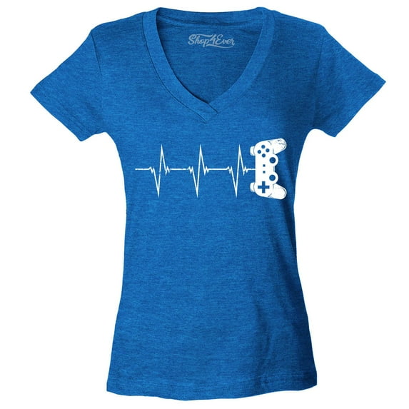 Shop4Ever Women's Gamer Heartbeat Controller Slim Fit V-Neck T-Shirt Large Heather Royal Blue