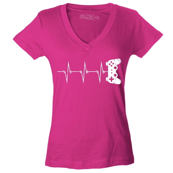 Shop4Ever Women's Gamer Heartbeat Controller Slim Fit V-Neck T-Shirt Large Pink