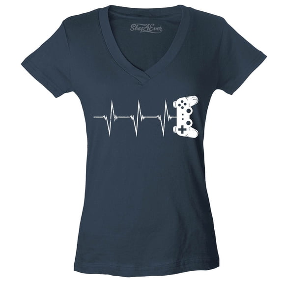 Shop4Ever Women's Gamer Heartbeat Controller Slim Fit V-Neck T-Shirt X-Large Charcoal