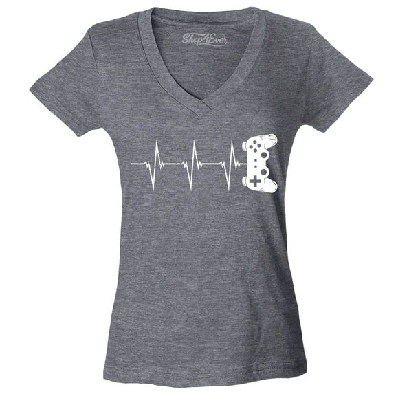 Shop4Ever Women's Gamer Heartbeat Controller Slim Fit V-Neck T-Shirt X-Large Heather Charcoal