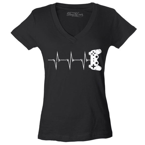 Shop4Ever Women's Gamer Heartbeat Controller Slim Fit V-Neck T-Shirt X-Small Black