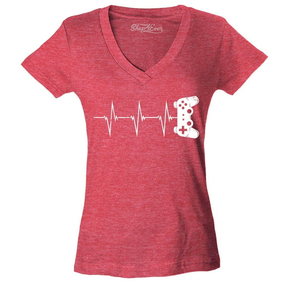Shop4Ever Women's Gamer Heartbeat Controller Slim Fit V-Neck T-Shirt X-Small Heather Red