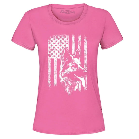 Shop4Ever Women's German Shepherd American Flag Graphic T-Shirt Medium Azalea Pink