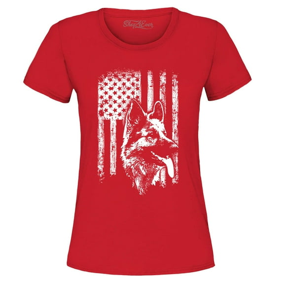 Shop4Ever Women's German Shepherd American Flag Graphic T-Shirt Medium Red