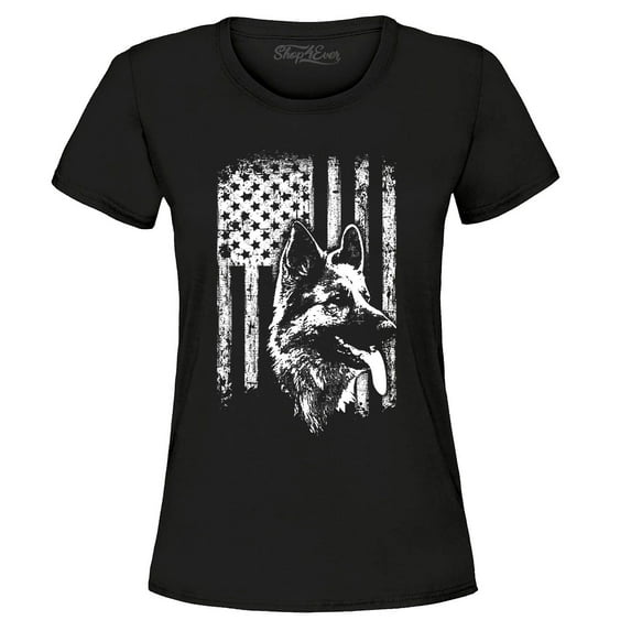 Shop4Ever Women's German Shepherd American Flag Graphic T-Shirt Small Black