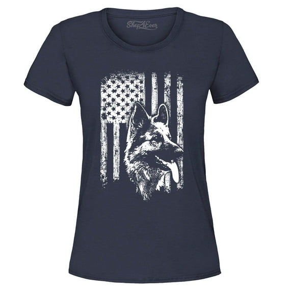 Shop4Ever Women's German Shepherd American Flag Graphic T-Shirt XX-Large Navy
