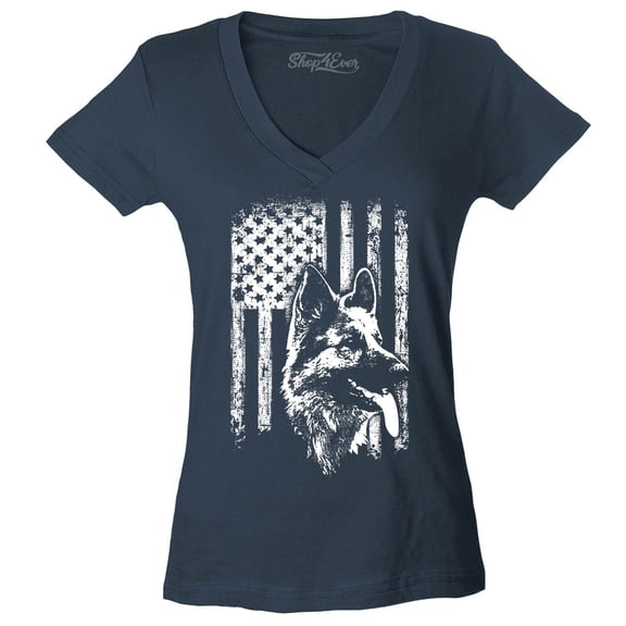 Shop4Ever Women's German Shepherd American Flag Slim Fit V-Neck T-Shirt Large Charcoal
