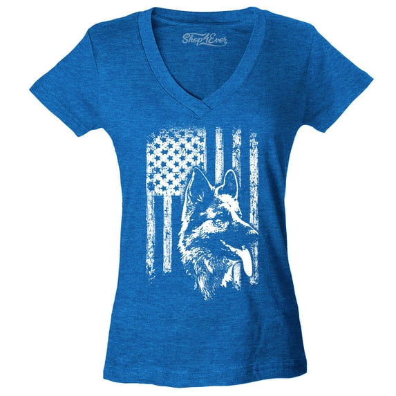 Shop4Ever Women's German Shepherd American Flag Slim Fit V-Neck T-Shirt Large Heather Royal Blue