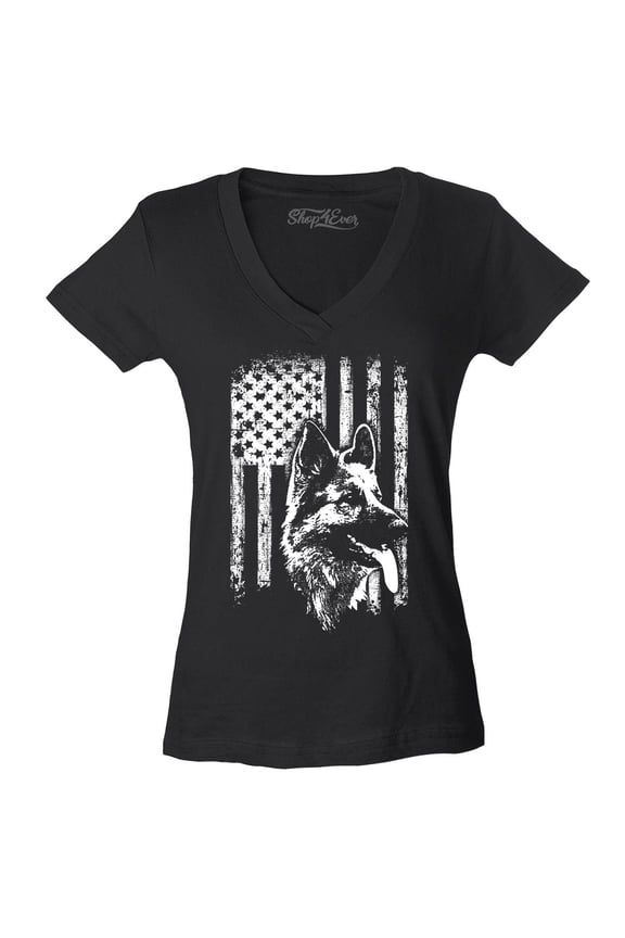 Women's German Shepherd American Flag Slim Fit V-Neck T-Shirt Medium Black