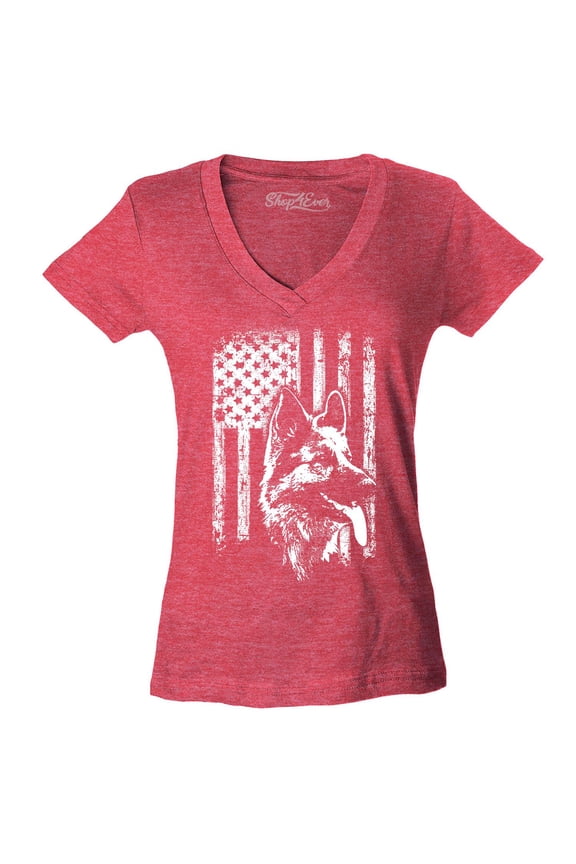 Women's German Shepherd American Flag Slim Fit V-Neck T-Shirt Medium Heather Red